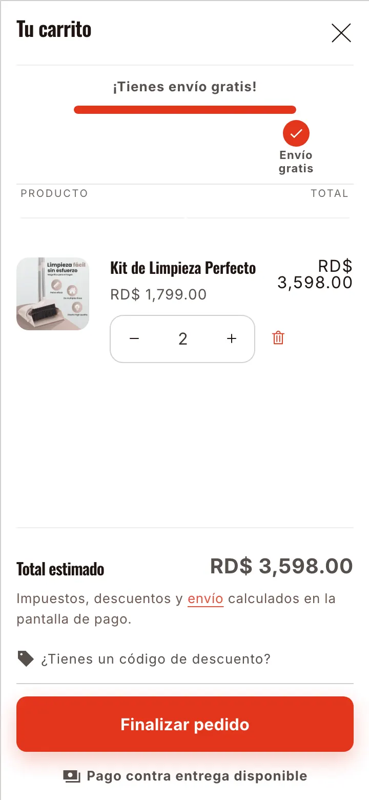 Captura de carrito con envío gratis en una demo de BIZORA