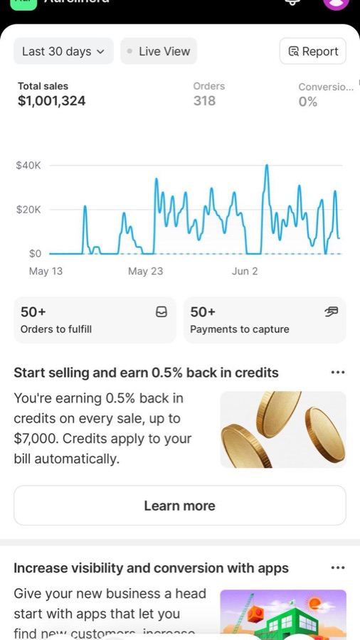 Panel de Shopify de un estudiante: 1,001,324 $ en ventas y 318 pedidos en 30 días
