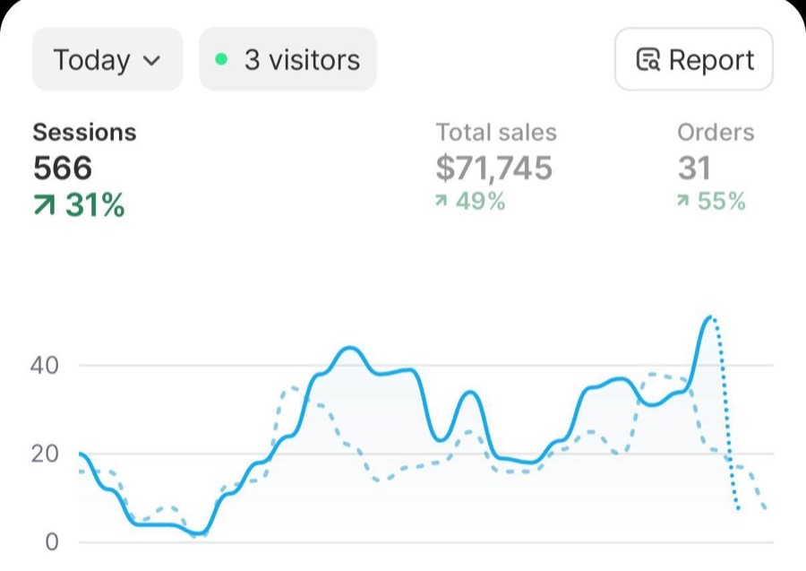 Panel de Shopify de un estudiante: 71,745 $ en ventas y 31 pedidos en un solo día